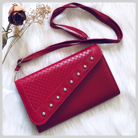 Boutique Handbags - NWT Red Silver Studded Crossbody Bag